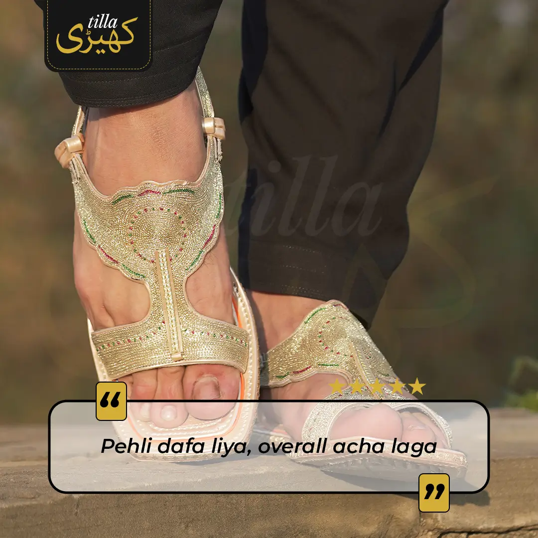tilla kheri, zari kheri, lawa kheri, tilly wali kheri, kheri juta, tilla chappal, talagang kheri, handmade kheri from punjab, punjabi traditional footwear, zari work chappal, mens traditional shoes pakistan