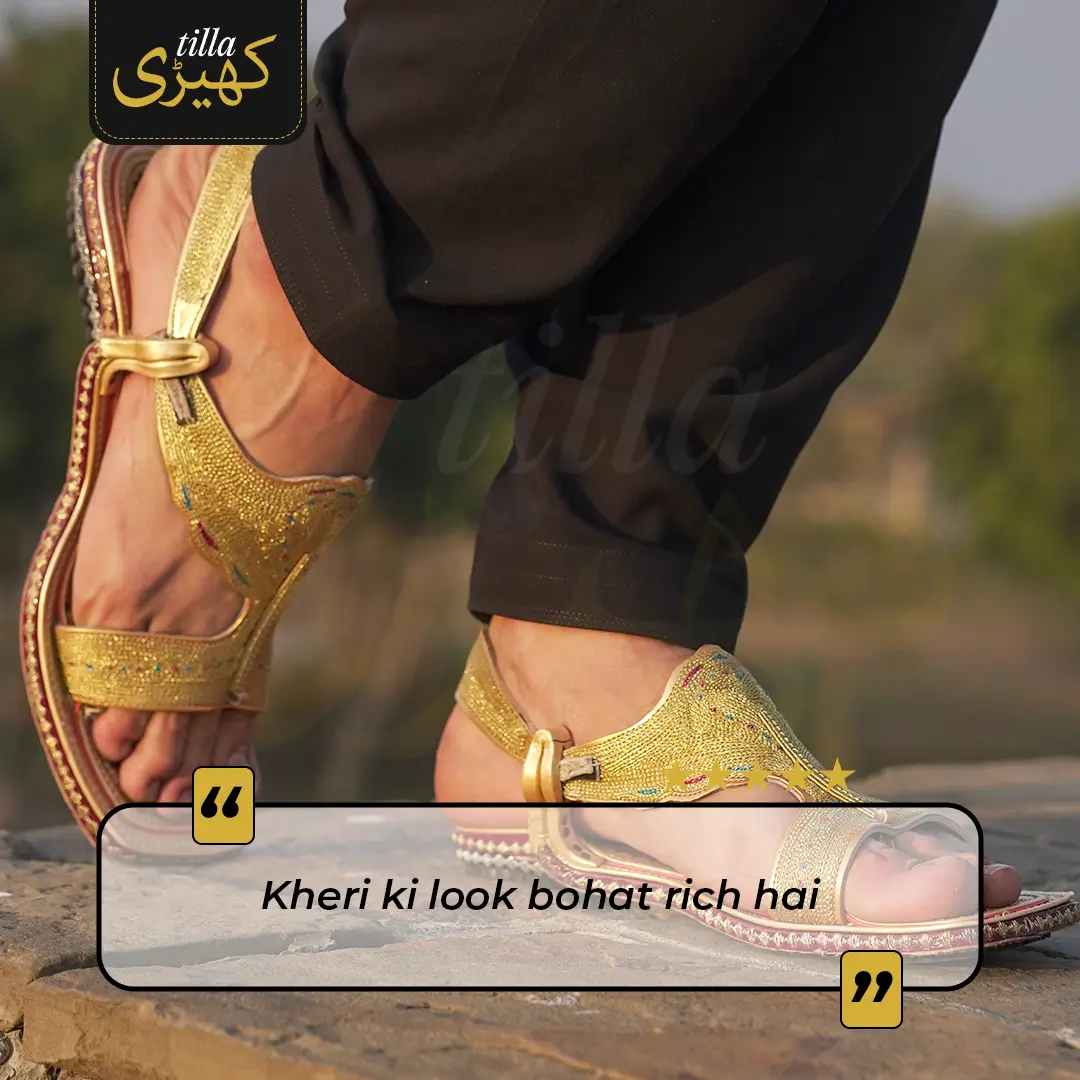 tilla kheri, zari kheri, lawa kheri, tilly wali kheri, kheri juta, tilla chappal, talagang kheri, handmade kheri from punjab, punjabi traditional footwear, zari work chappal, mens traditional shoes pakistan